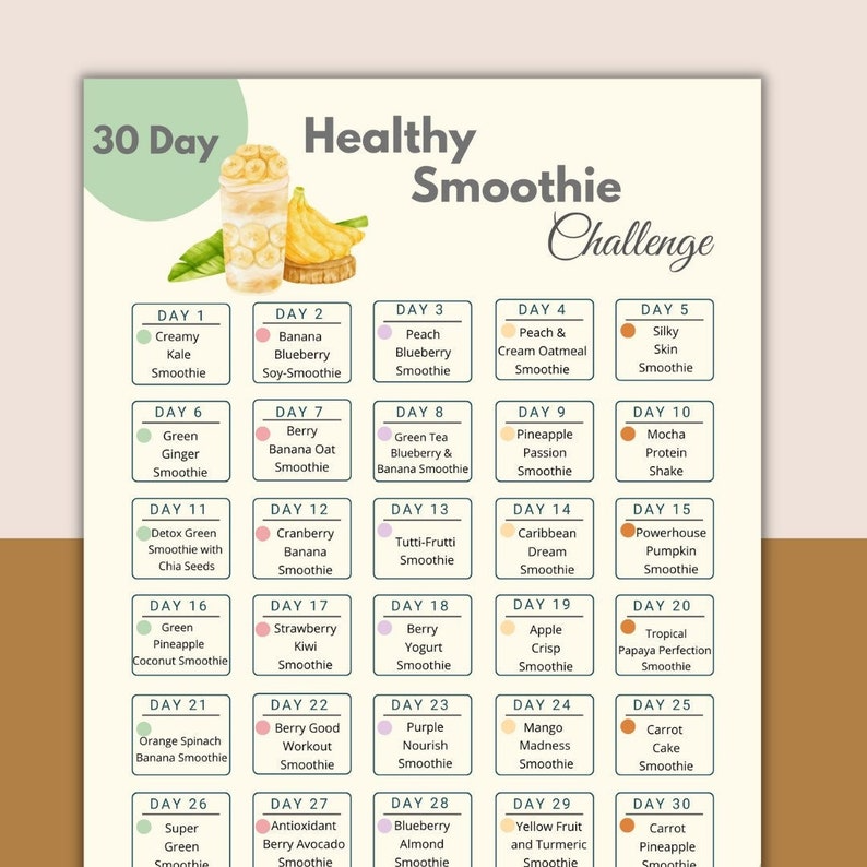 30 Day Smoothie Challenge with recipes | Healthy Eating Tracker | How to get fit and healthy Guide | Printable Smoothie Recipe